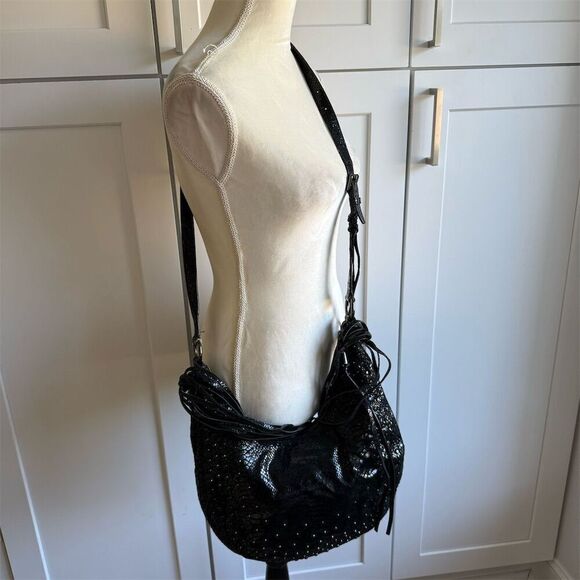RARE Michael Kors Rhea Chrystal Black Snake-Embossed Studded Hobo Bag w MK Charm - Picture 1 of 8